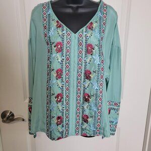 Sundance Silk Top Blouse Size L Embroidered Floral V Neck 100% Silk Tunic Boho